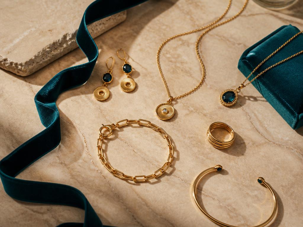 Elegant GT&J jewellery arranged on a marble surface with deep teal accents